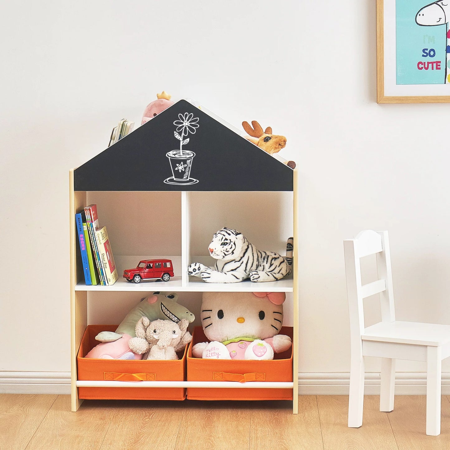 Етажерка за Играчки и Книжки GINGER HOME, Черна Дъска за Писане, Къщичка, Дърво