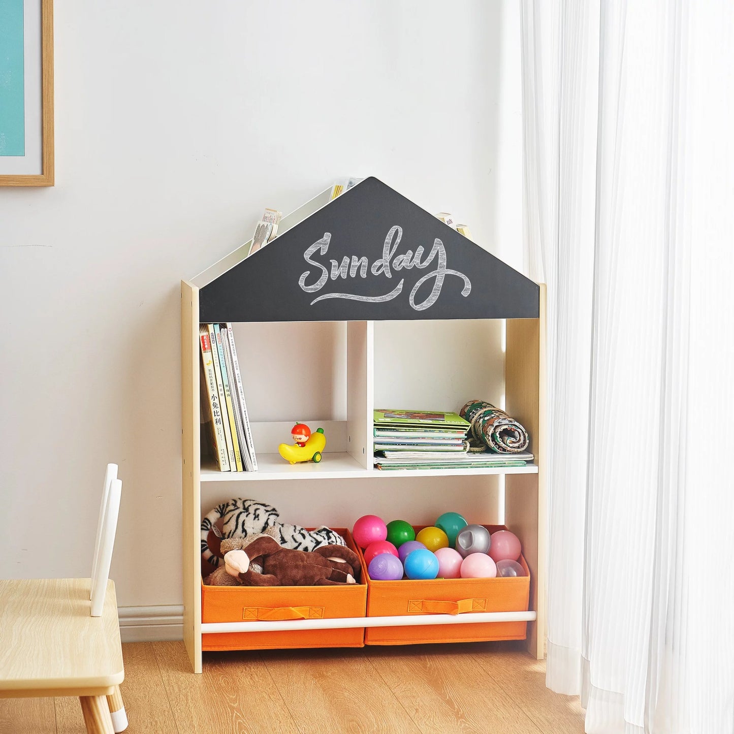 Етажерка за Играчки и Книжки GINGER HOME, Черна Дъска за Писане, Къщичка, Дърво
