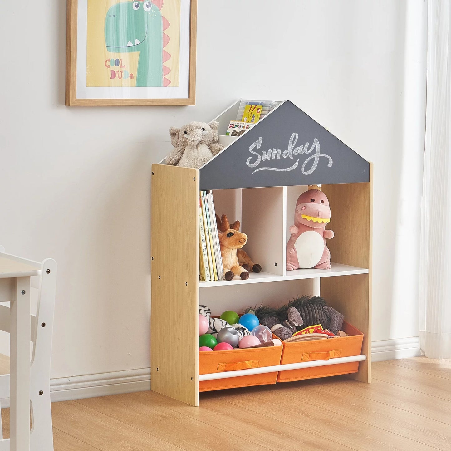 Етажерка за Играчки и Книжки GINGER HOME, Черна Дъска за Писане, Къщичка, Дърво