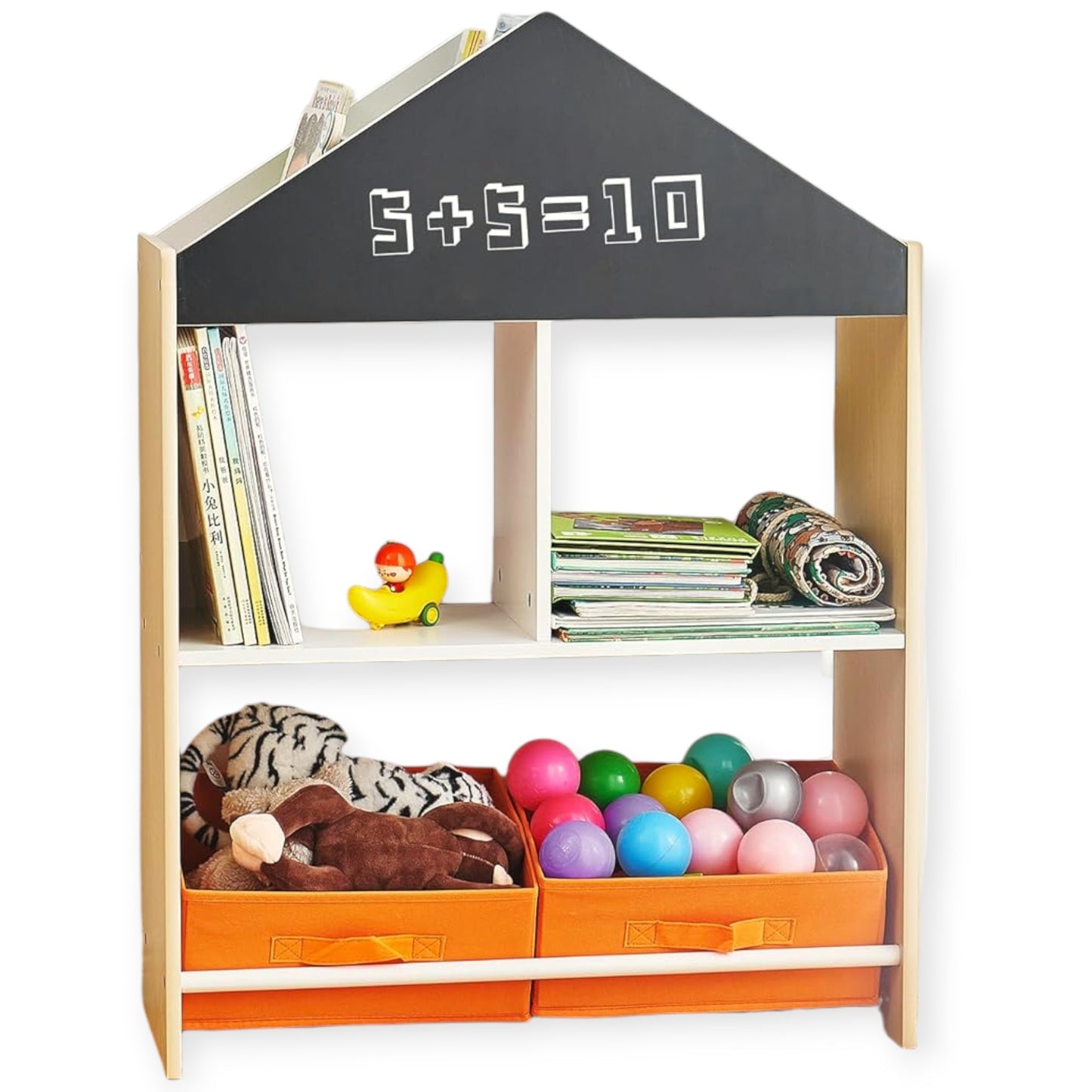 Етажерка за Играчки и Книжки GINGER HOME, Черна Дъска за Писане, Къщичка, Дърво