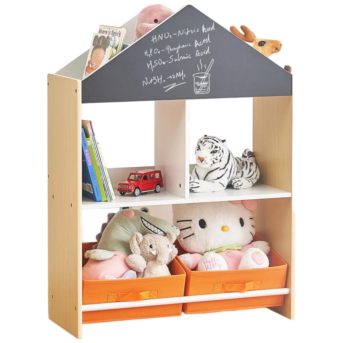 Етажерка за Играчки и Книжки GINGER HOME, Черна Дъска за Писане, Къщичка, Дърво