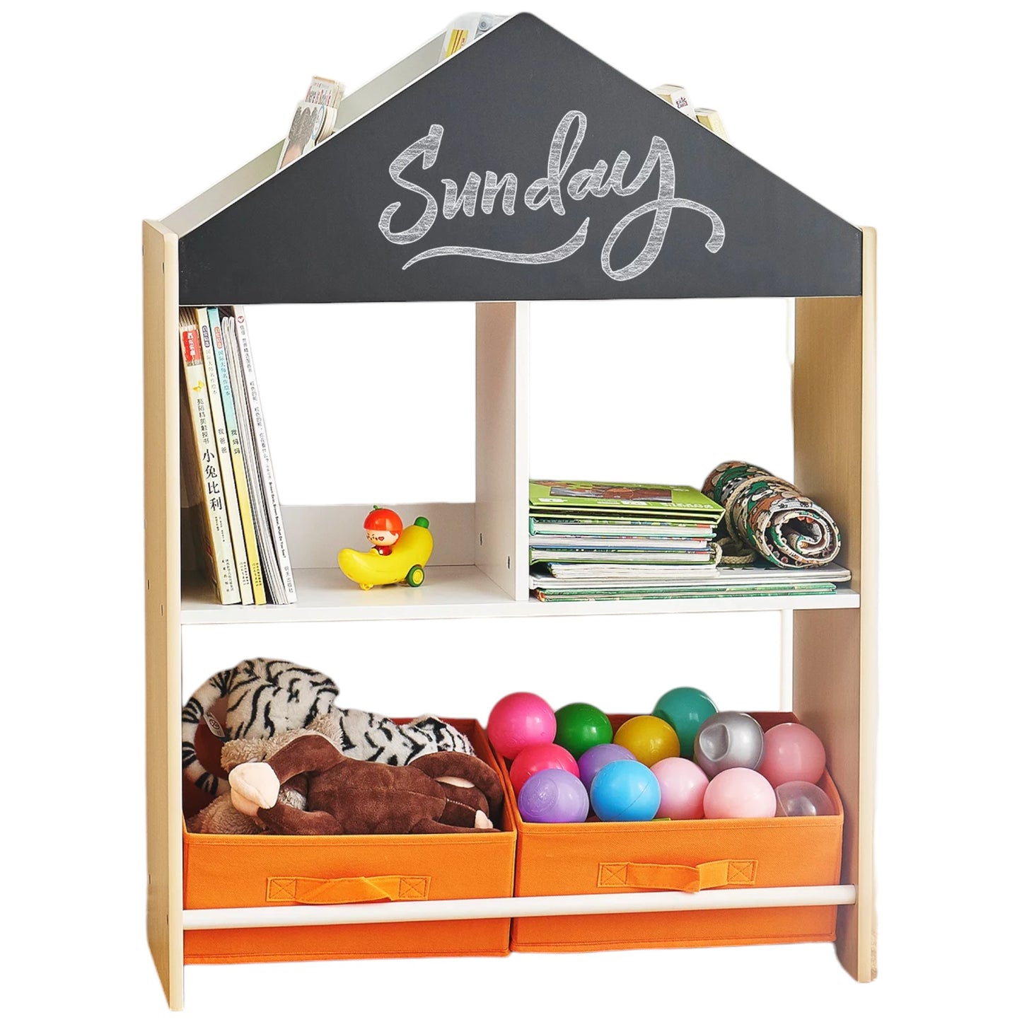 Етажерка за Играчки и Книжки GINGER HOME, Черна Дъска за Писане, Къщичка, Дърво