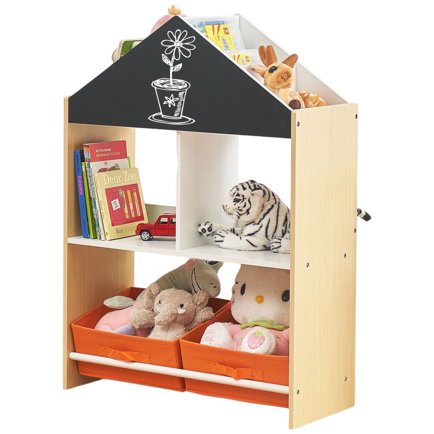 Етажерка за Играчки и Книжки GINGER HOME, Черна Дъска за Писане, Къщичка, Дърво