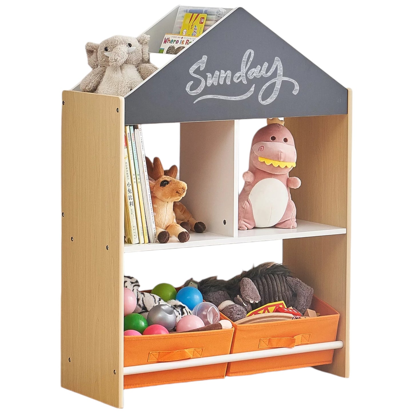 Етажерка за Играчки и Книжки GINGER HOME, Черна Дъска за Писане, Къщичка, Дърво