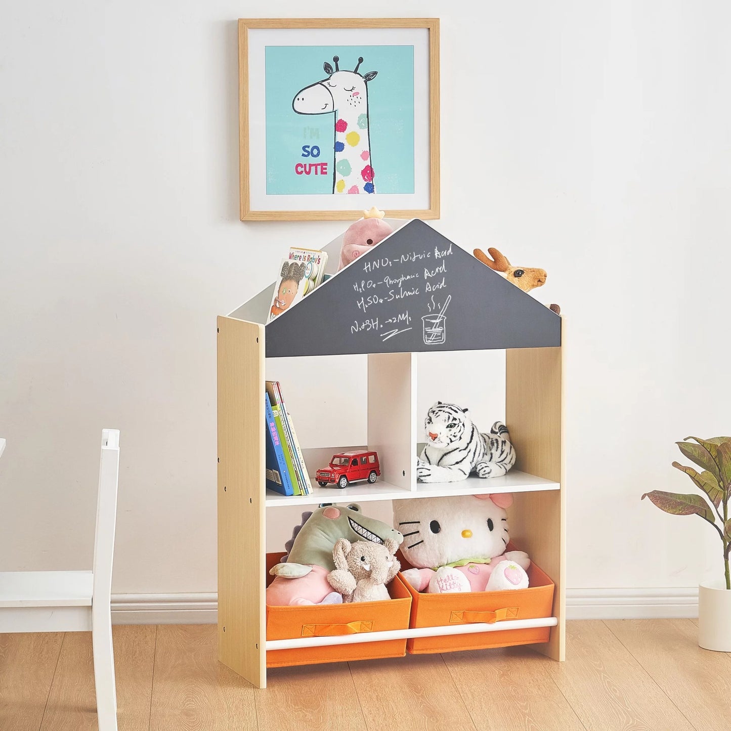 Етажерка за Играчки и Книжки GINGER HOME, Черна Дъска за Писане, Къщичка, Дърво