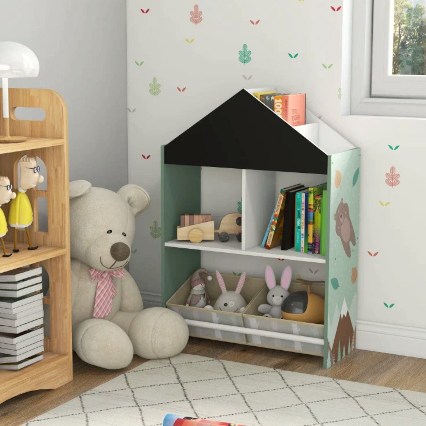 Детски Шкаф GINGER HOME, Етажерказа Играчки и Книжки с Мече, Черна Дъска за Писане, Къщичка FOREST