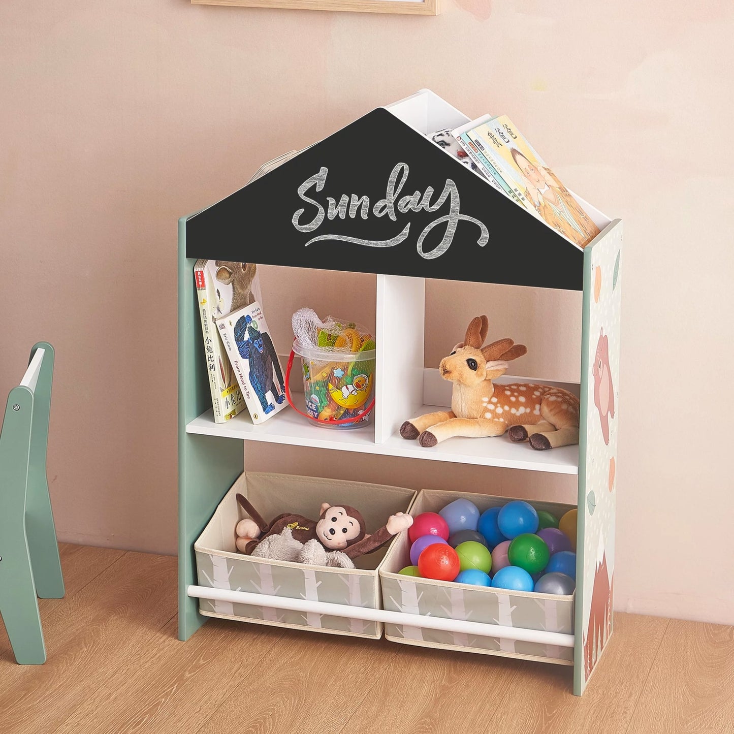 Детски Шкаф GINGER HOME, Етажерказа Играчки и Книжки с Мече, Черна Дъска за Писане, Къщичка FOREST