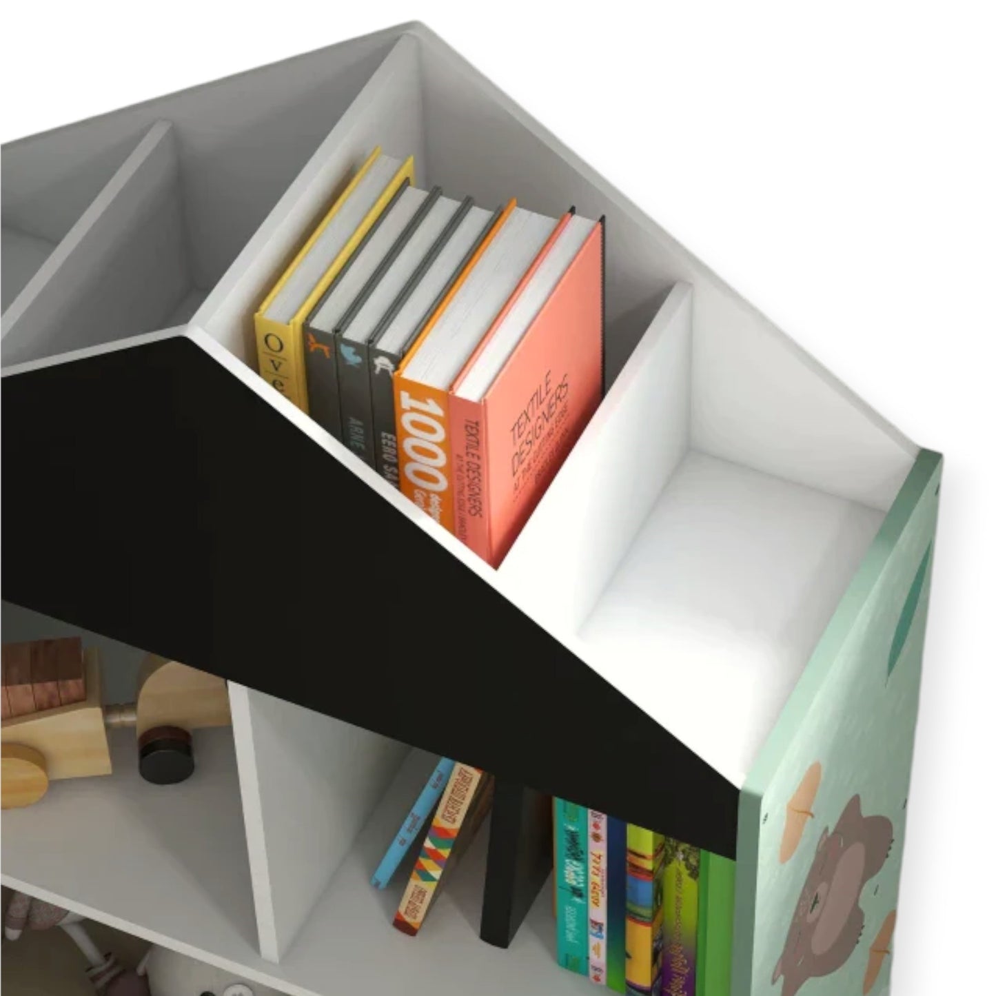 Детски Шкаф GINGER HOME, Етажерказа Играчки и Книжки с Мече, Черна Дъска за Писане, Къщичка FOREST