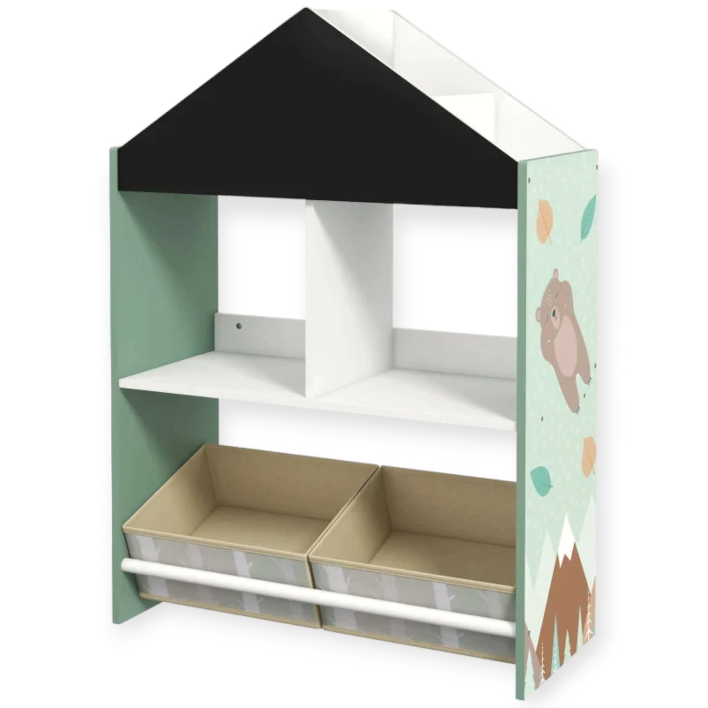 Детски Шкаф GINGER HOME, Етажерказа Играчки и Книжки с Мече, Черна Дъска за Писане, Къщичка FOREST