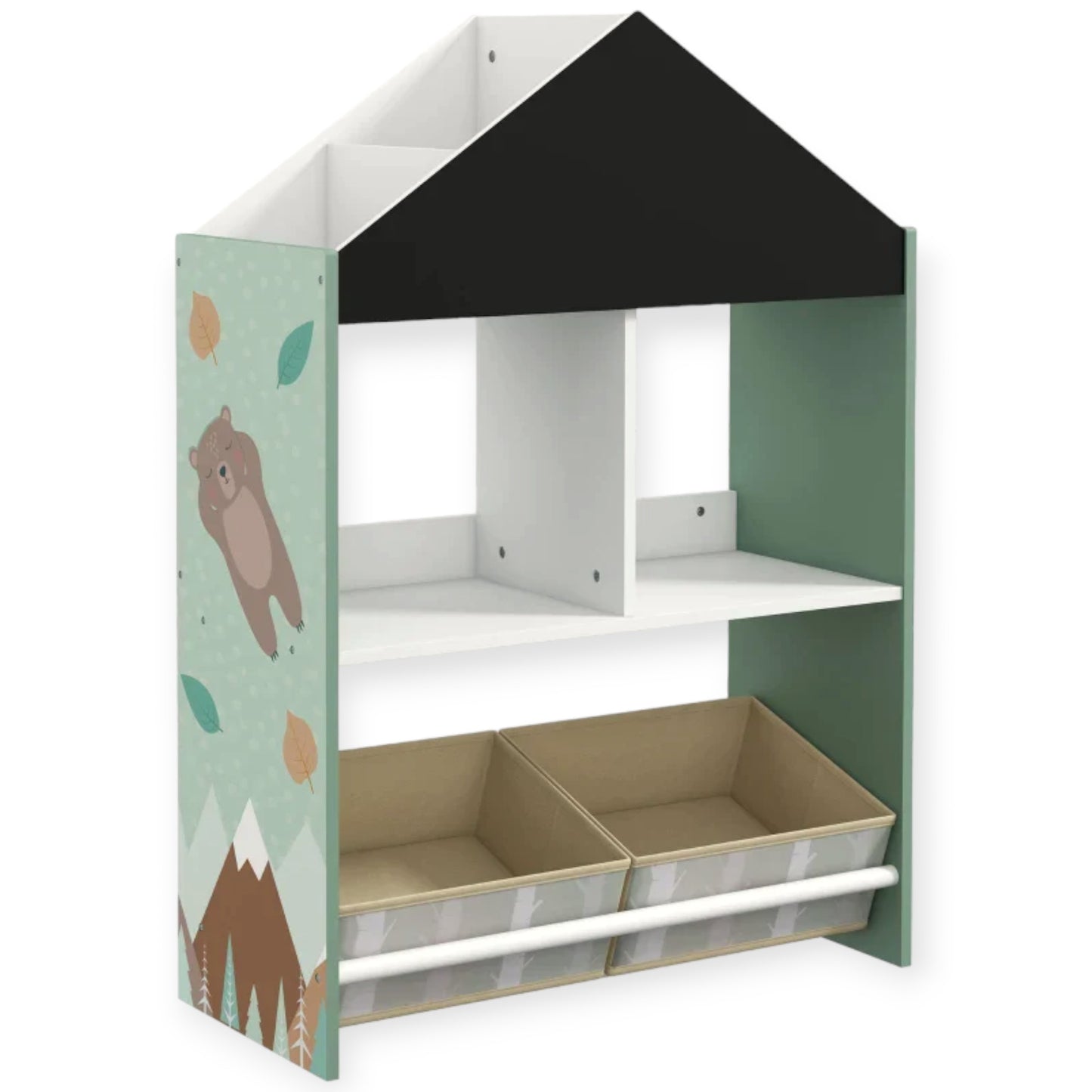 Детски Шкаф GINGER HOME, Етажерказа Играчки и Книжки с Мече, Черна Дъска за Писане, Къщичка FOREST