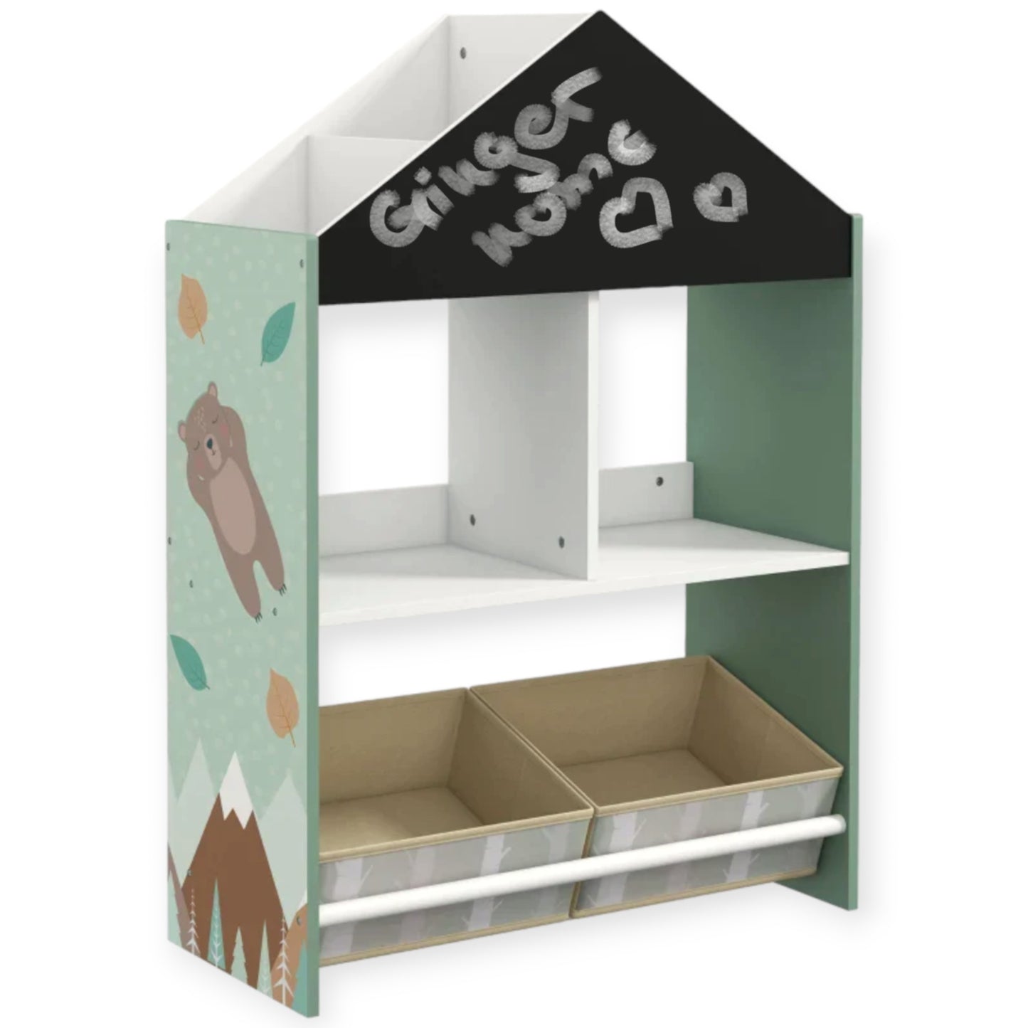 Детски Шкаф GINGER HOME, Етажерказа Играчки и Книжки с Мече, Черна Дъска за Писане, Къщичка FOREST