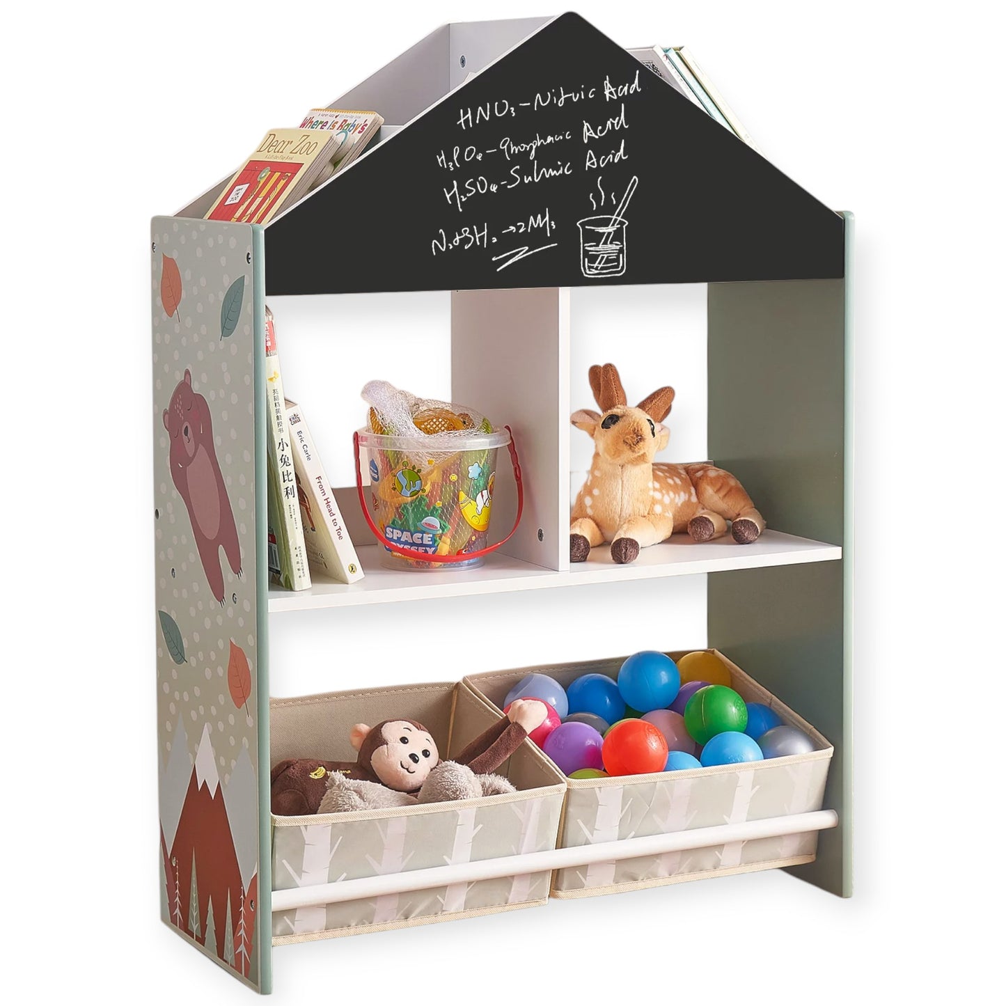 Детски Шкаф GINGER HOME, Етажерказа Играчки и Книжки с Мече, Черна Дъска за Писане, Къщичка FOREST