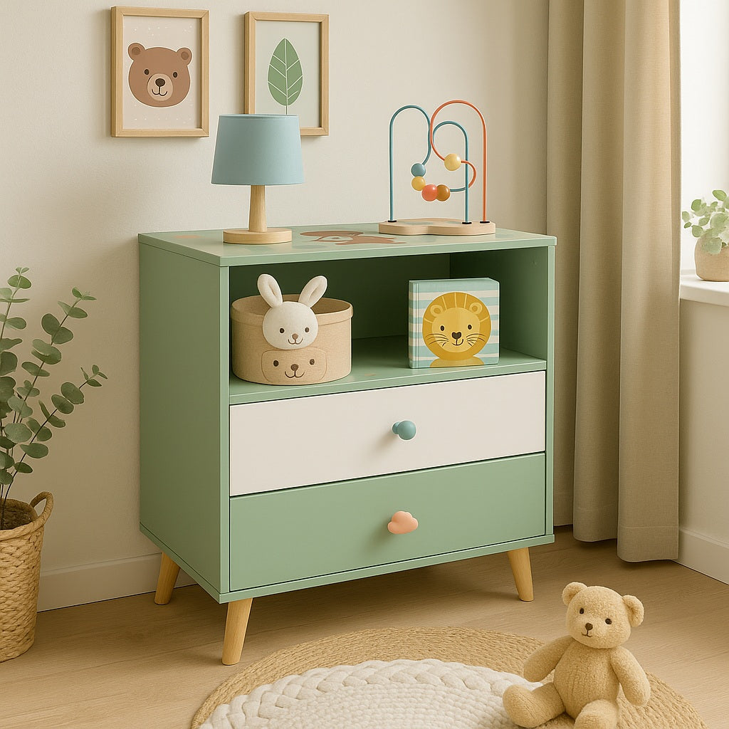 Детски Шкаф за Играчки и Дрехи GINGER HOME, Етажерка с за Детска Стая с 2 чекмеджета, Мече, FOREST