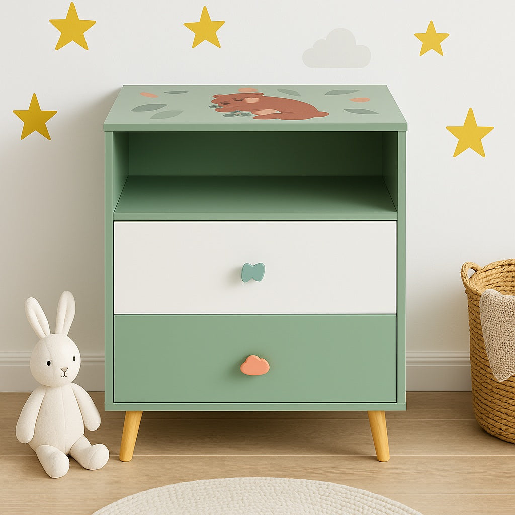 Детски Шкаф за Играчки и Дрехи GINGER HOME, Етажерка с за Детска Стая с 2 чекмеджета, Мече, FOREST