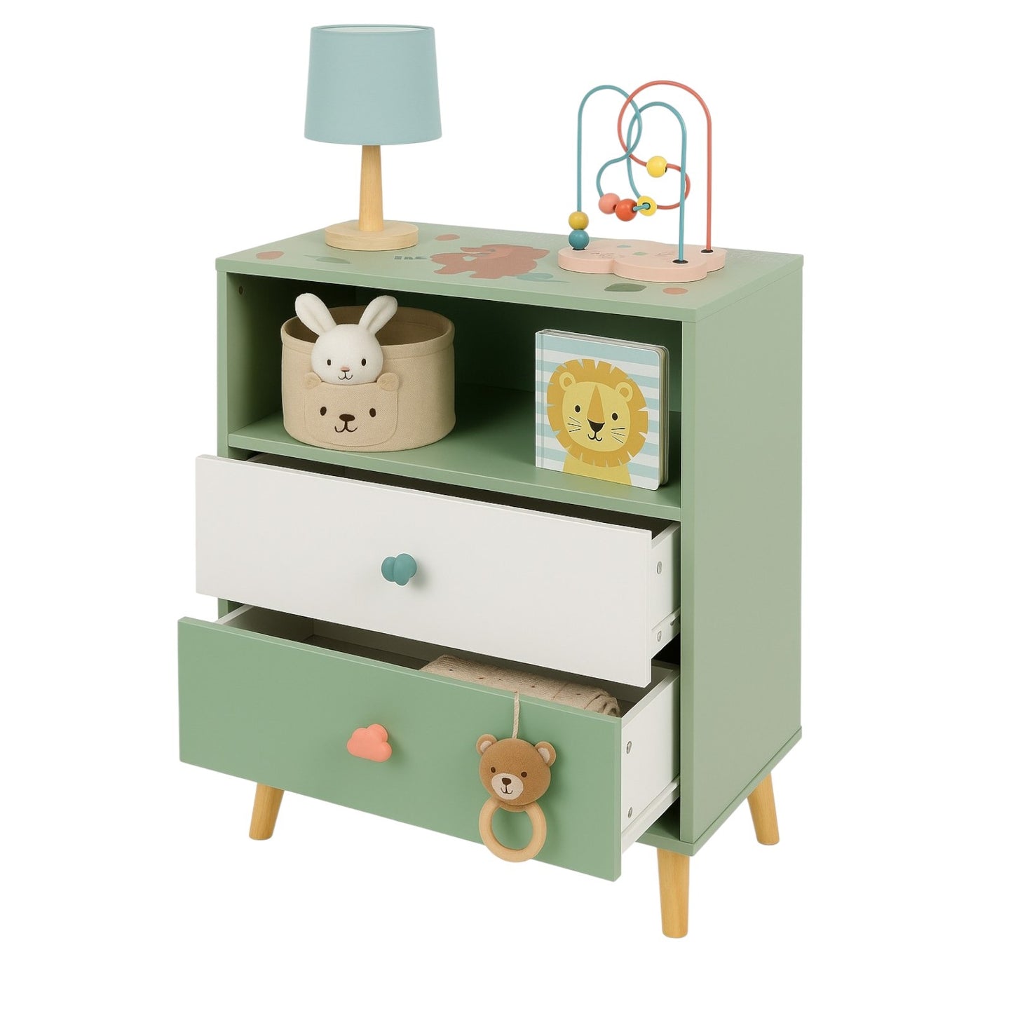 Детски Шкаф за Играчки и Дрехи GINGER HOME, Етажерка с за Детска Стая с 2 чекмеджета, Мече, FOREST