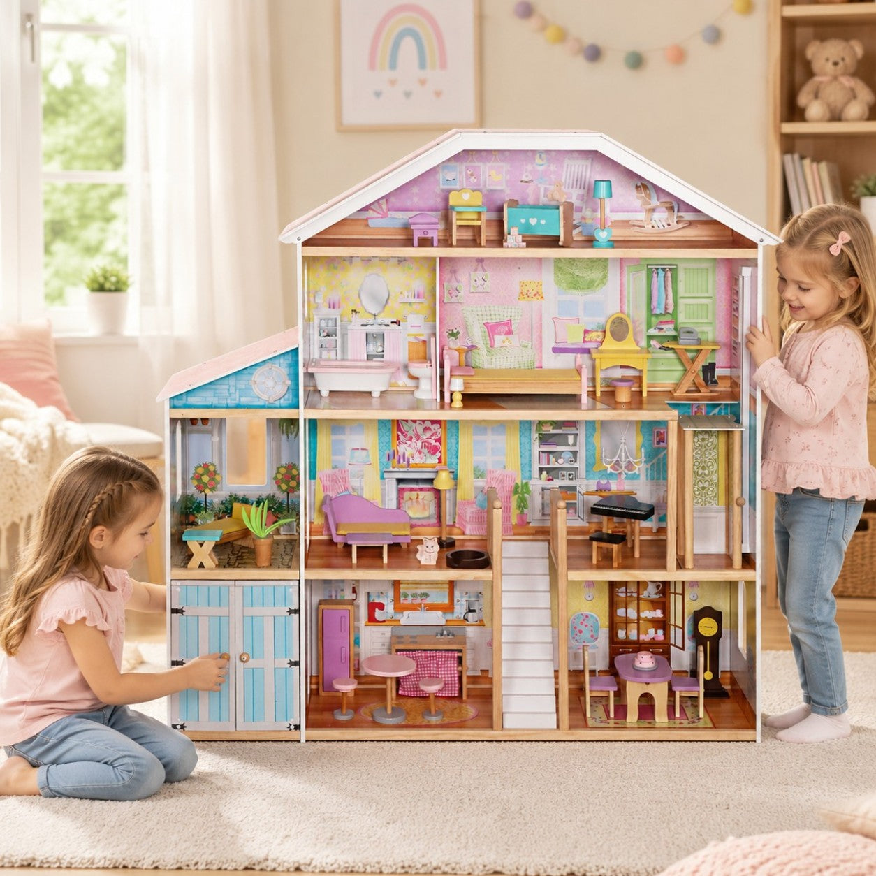 Две деца играят с голяма детска дървена къща за кукли GINGER HOME Grand Villa в уютна детска стая