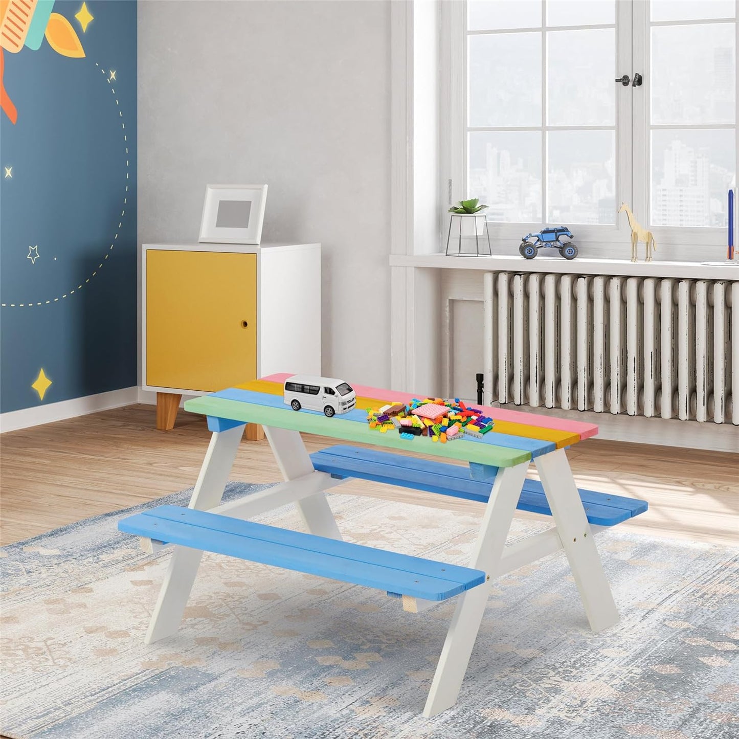 Детска Маса за Пикник с Пейки GINGER HOME, Градинска, Дървена, Игри на Открито, RAINBOW, 89х79х50 см.