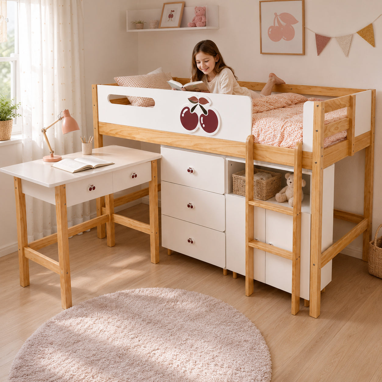 Комплект Детска Стая GINGER HOME CHERRY с Комбинирано Легло 90x200 см, Бюро, Скрин, Шкаф и Трикрилен Гардероб, Бяло, Розово и Натурално Дърво