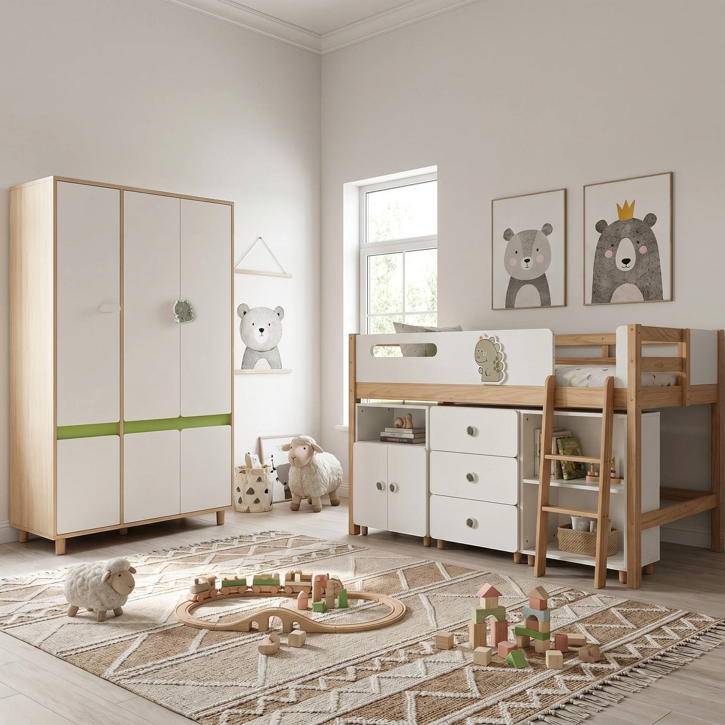Комплект Мебели за Детска Стая GINGER HOME DINO с Комбинирано Легло 90x200 см, Гардероб, Шкафове, Скрин, Етажерка и Подматрачна Рамка, Бяло, Зелено и Натурално Дърво
