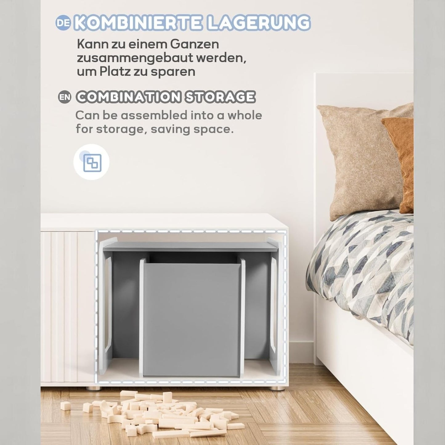 Монтесори Детска маса и Столче GINGER HOME, Дървен Комплект 3 в 1, бяло и сиво