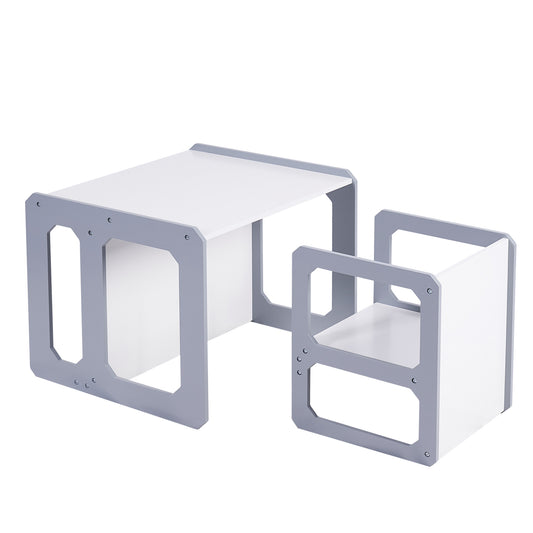 Монтесори Детска маса и Столче GINGER HOME, Дървен Комплект 3 в 1, бяло и сиво