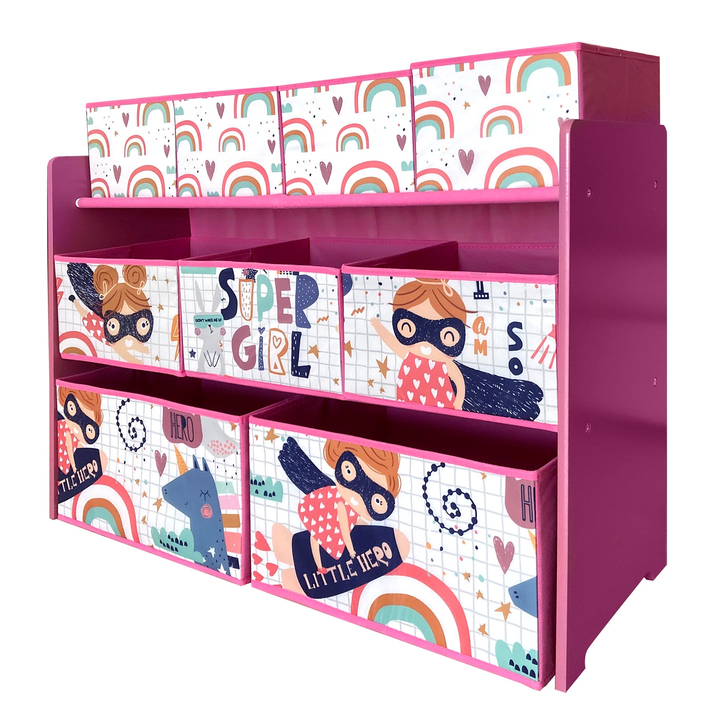Wooden toy organizer on 3 levels with 9 textile baskets for storage - SUPER GIRL