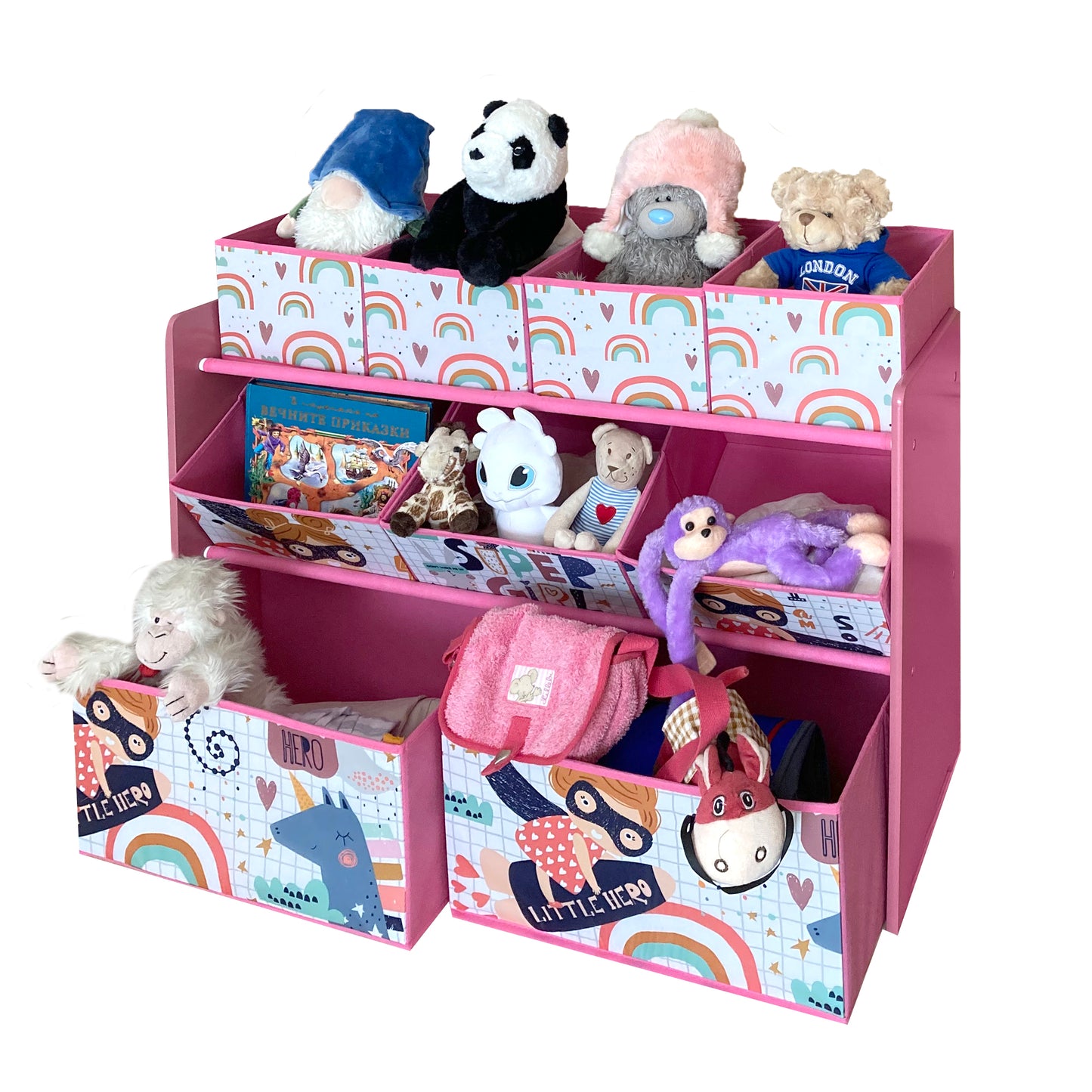 Wooden toy organizer on 3 levels with 9 textile baskets for storage - SUPER GIRL