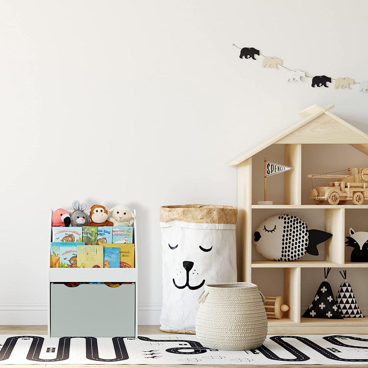 Children's wooden organizer for books and toys with a chest on wheels - WHITE/GREY