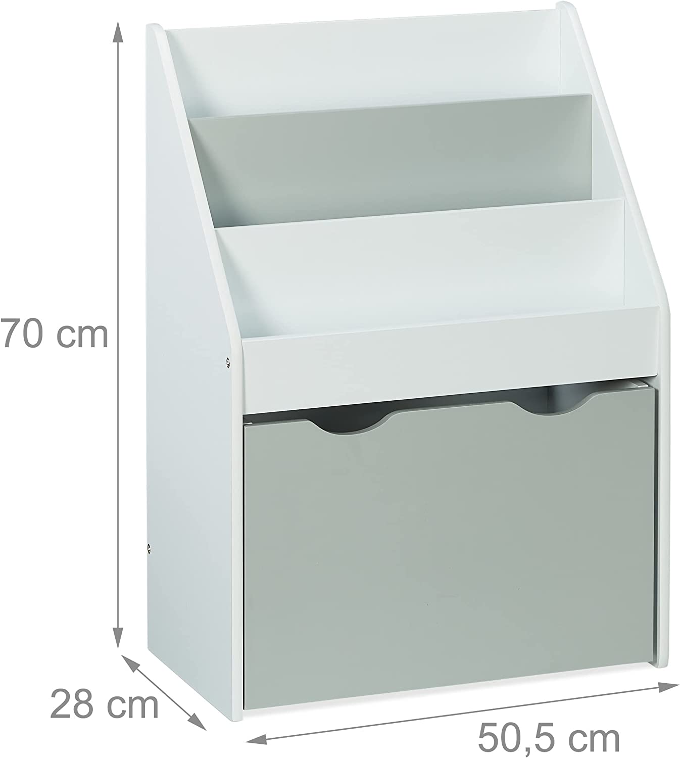 Children's wooden organizer for books and toys with a chest on wheels - WHITE/GREY