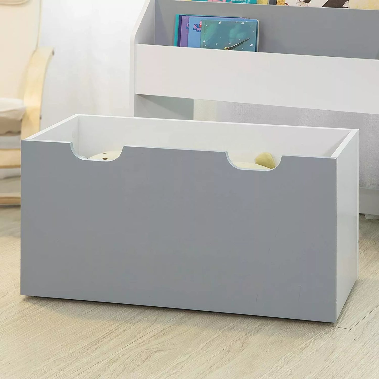 Children's wooden organizer for books and toys with a chest on wheels - WHITE/GREY
