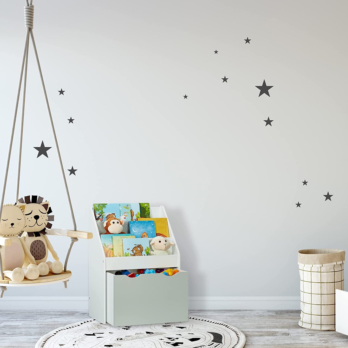 Children's wooden organizer for books and toys with a chest on wheels - WHITE/GREY
