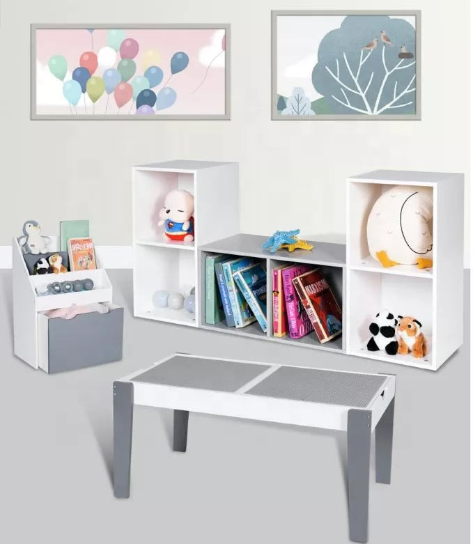 Children's wooden organizer for books and toys with a chest on wheels - WHITE/GREY