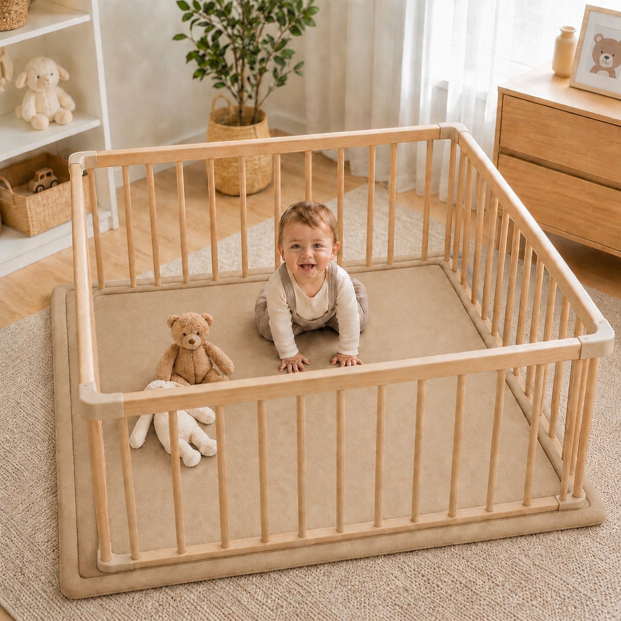  Детски мемори килим GINGER HOME LOLLA в бежов цвят, поставен като мека постелка в детски кът за игра. 
