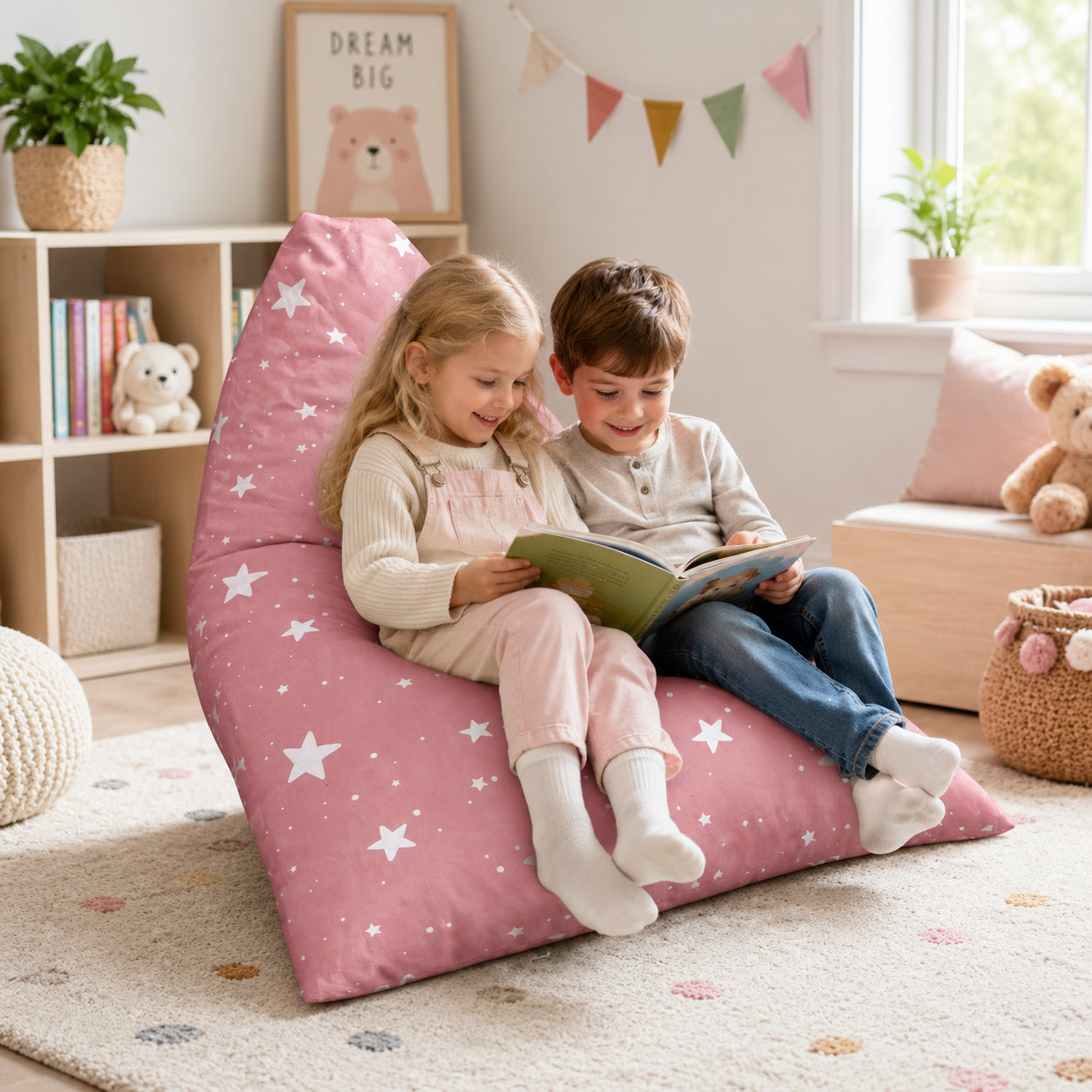 Розов Детски Пуф Лежанка GINGER HOME Little Stars за четене и релакс в детска стая