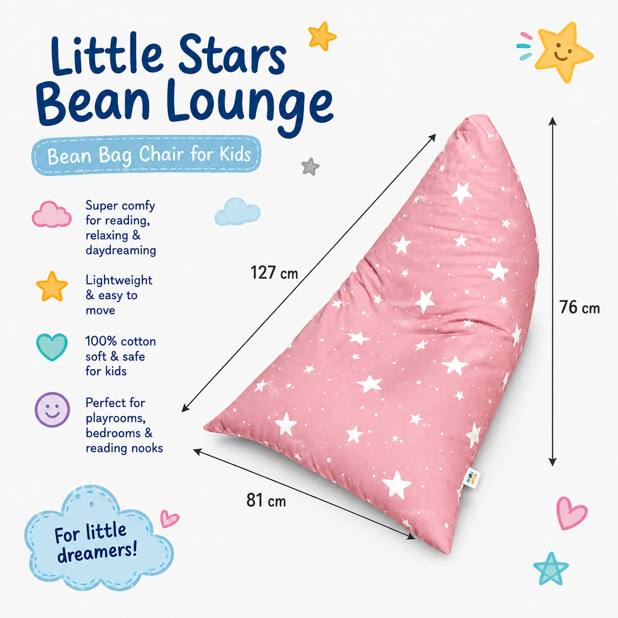 Размери на Детски Пуф Лежанка GINGER HOME Little Stars, 127x81x76 см, Розов Барбарон