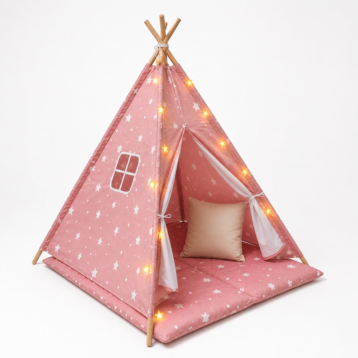 Детска Памучна Палатка GINGER HOME Little Stars, Типи, Розова със Звезди, 100% Памук, с Мека Подложка с Пълнеж, Възглавница и LED Лампички, 120x120x160 см