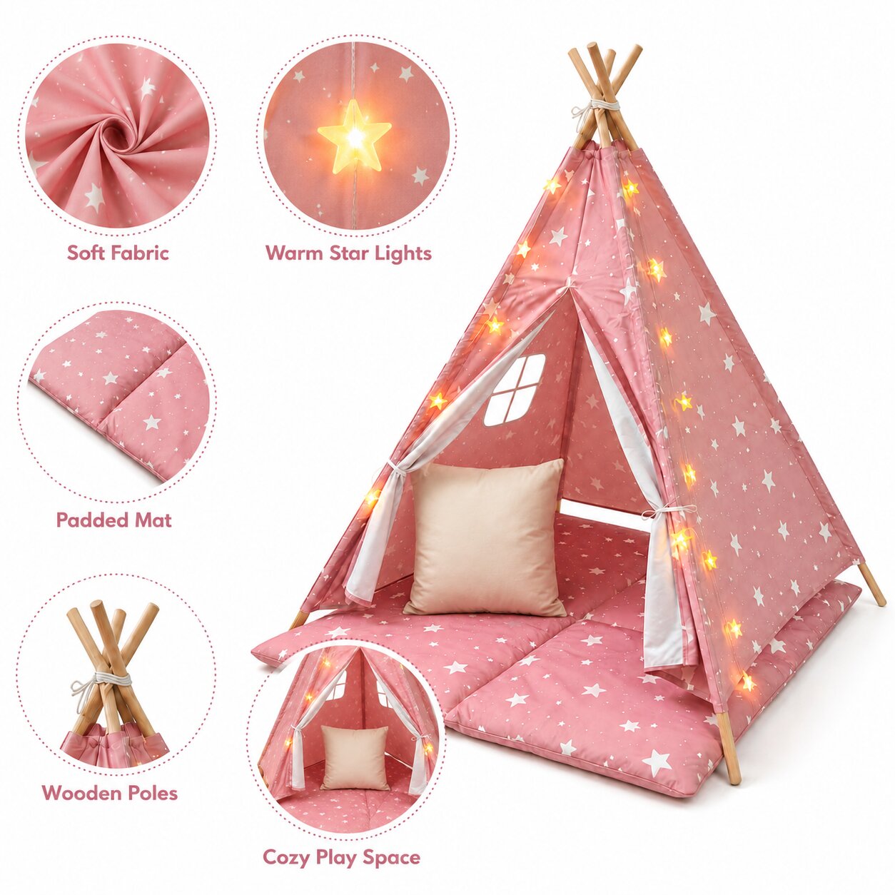 Детска Памучна Палатка GINGER HOME Little Stars, Типи, Розова със Звезди, 100% Памук, с Мека Подложка с Пълнеж, Възглавница и LED Лампички, 120x120x160 см
