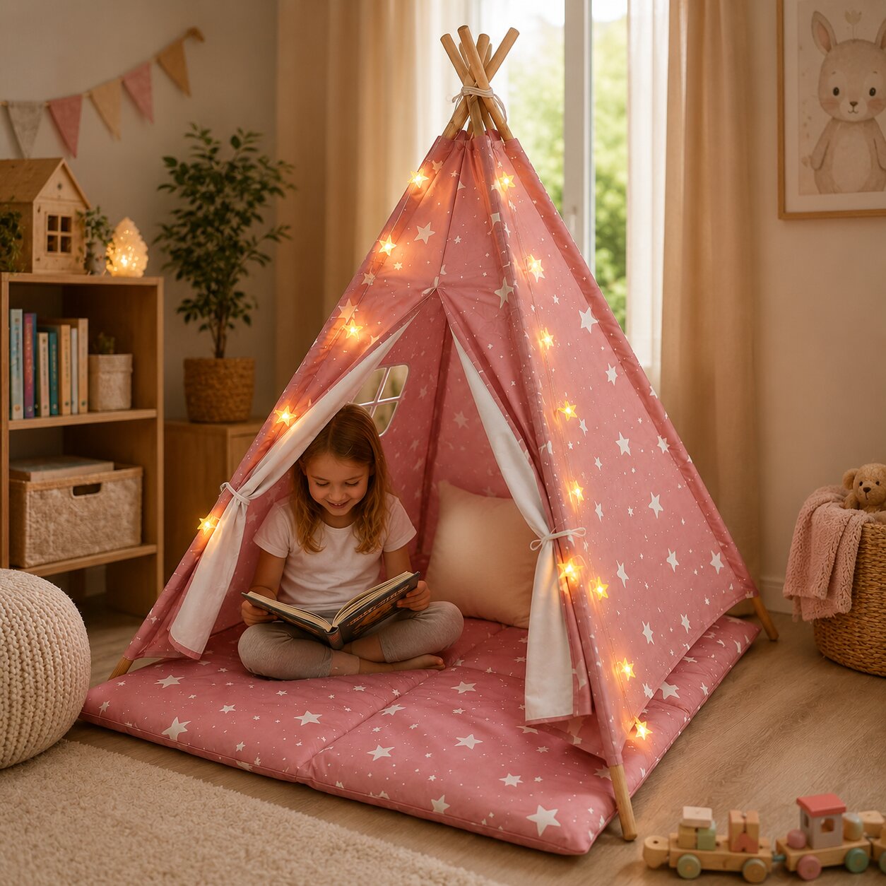 Детска Памучна Палатка GINGER HOME Little Stars, Типи, Розова със Звезди, 100% Памук, с Мека Подложка с Пълнеж, Възглавница и LED Лампички, 120x120x160 см