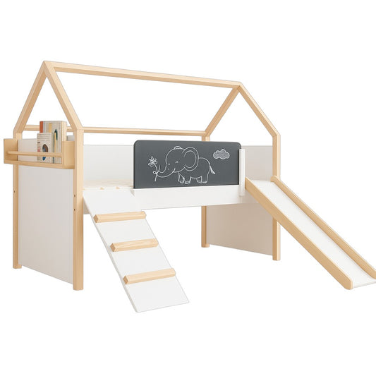 Детско Легло Къщичка GINGER HOME, Монтесори, Двуетажно, Пързалка, Черна Дъска, Подматрачна Рамка 90х200 см