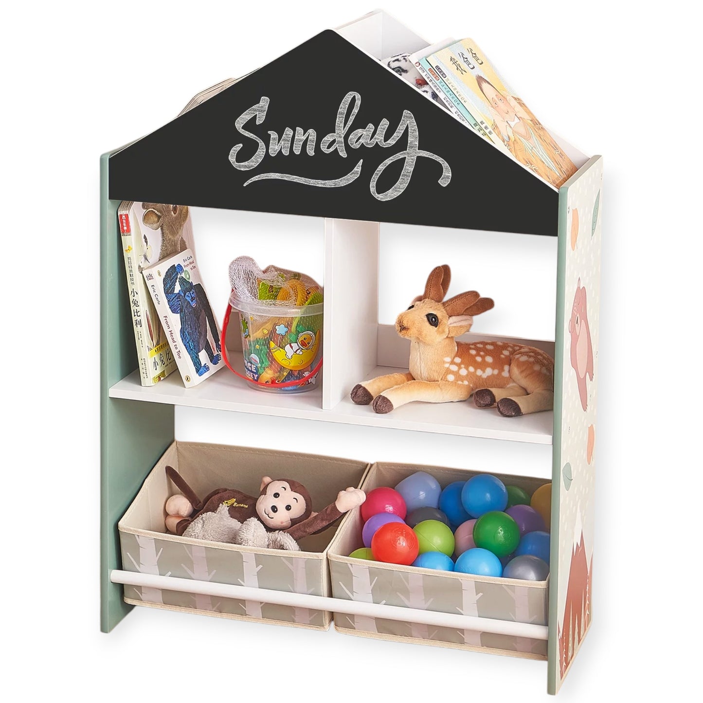 Детски Шкаф GINGER HOME, Етажерказа Играчки и Книжки  с Мече, Черна Дъска за Писане, Къщичка FOREST