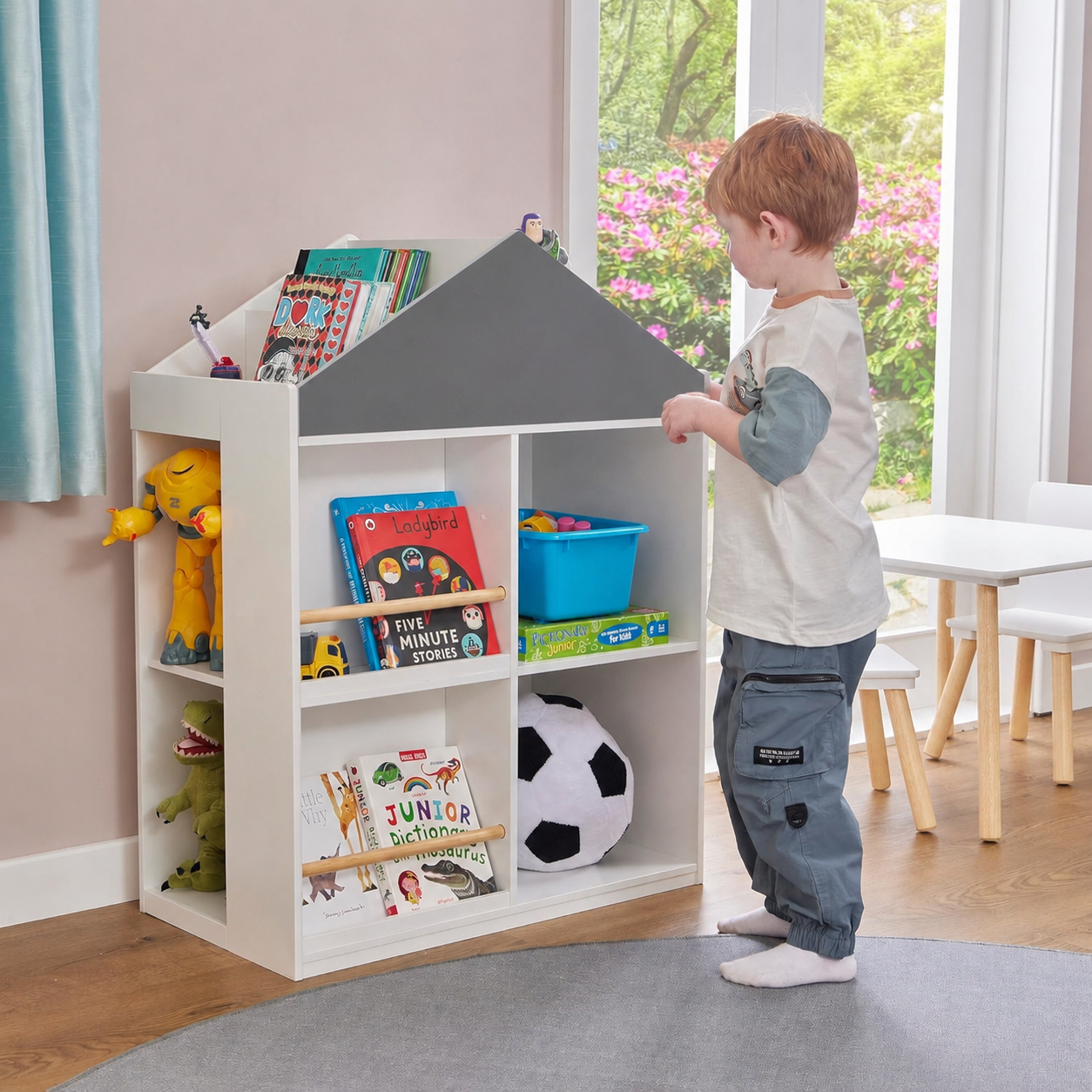 Детска Етажерка за Играчки и Книги GINGER HOME, Къща с Рафтoве, Монтесори, Бяла, 72.5x40x95.8 см