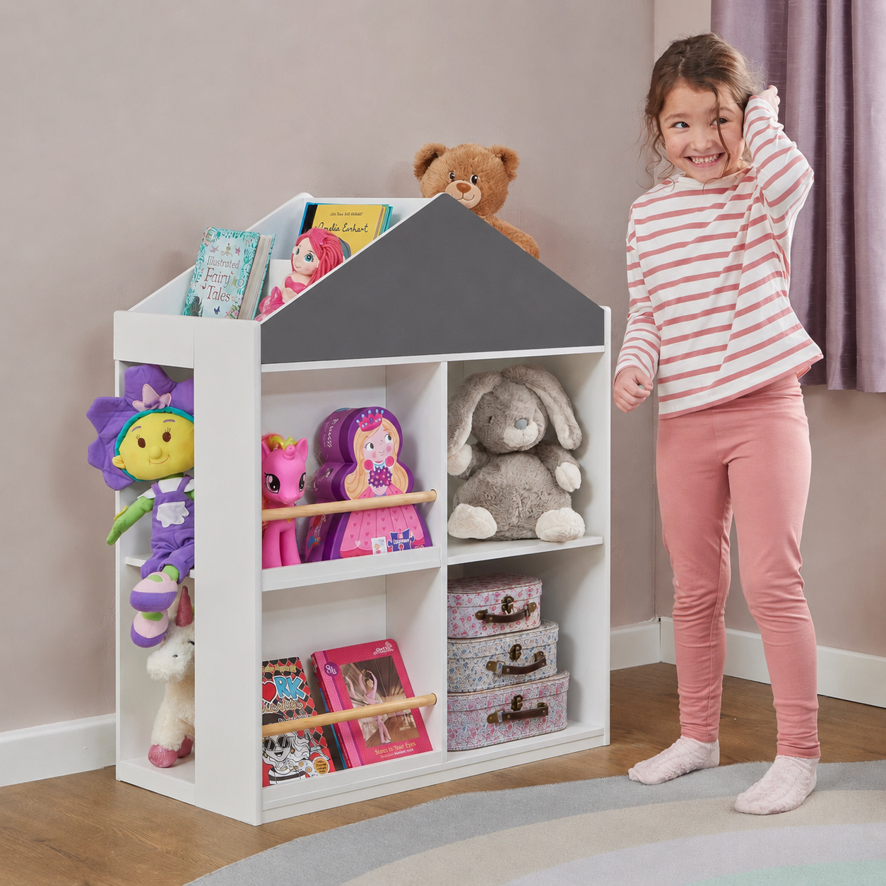 Детска Етажерка за Играчки и Книги GINGER HOME, Къща с Рафтoве, Монтесори, Бяла, 72.5x40x95.8 см