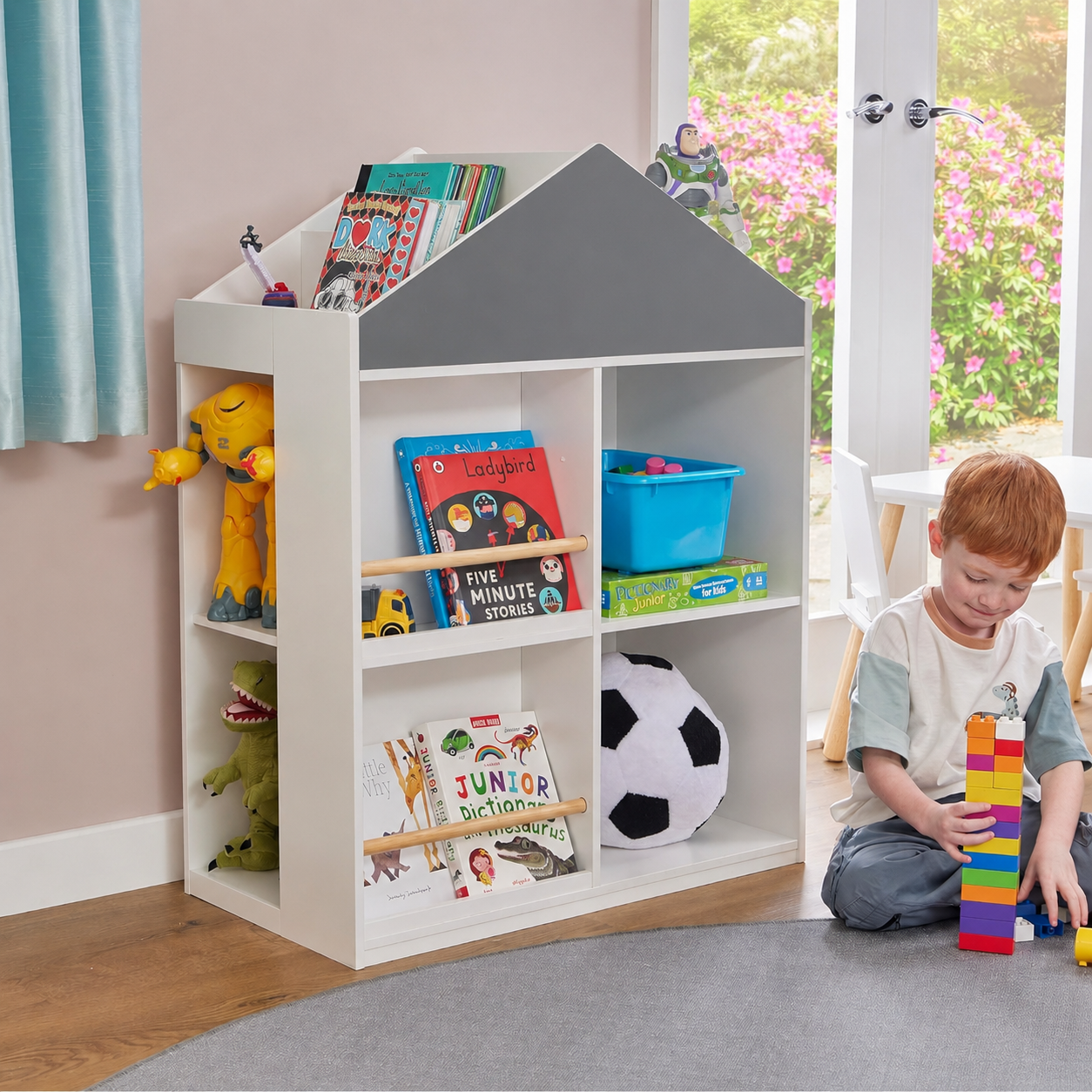 Детска Етажерка за Играчки и Книги GINGER HOME, Къща с Рафтoве, Монтесори, Бяла, 72.5x40x95.8 см