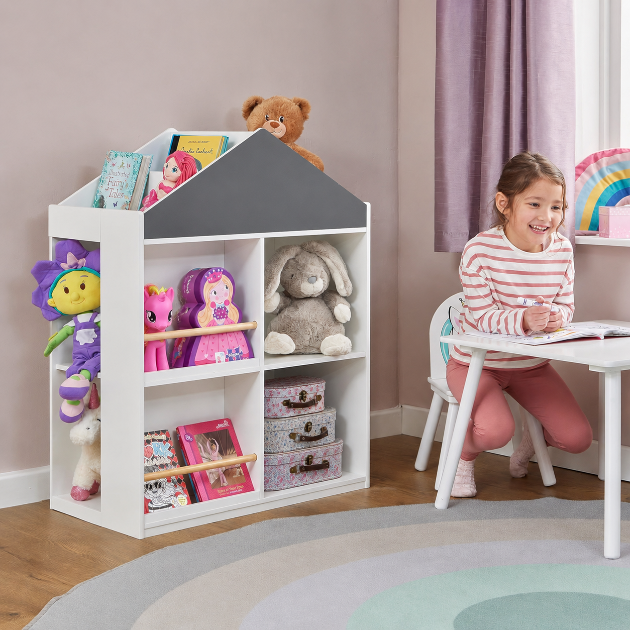 Детска Етажерка за Играчки и Книги GINGER HOME, Къща с Рафтoве, Монтесори, Бяла, 72.5x40x95.8 см