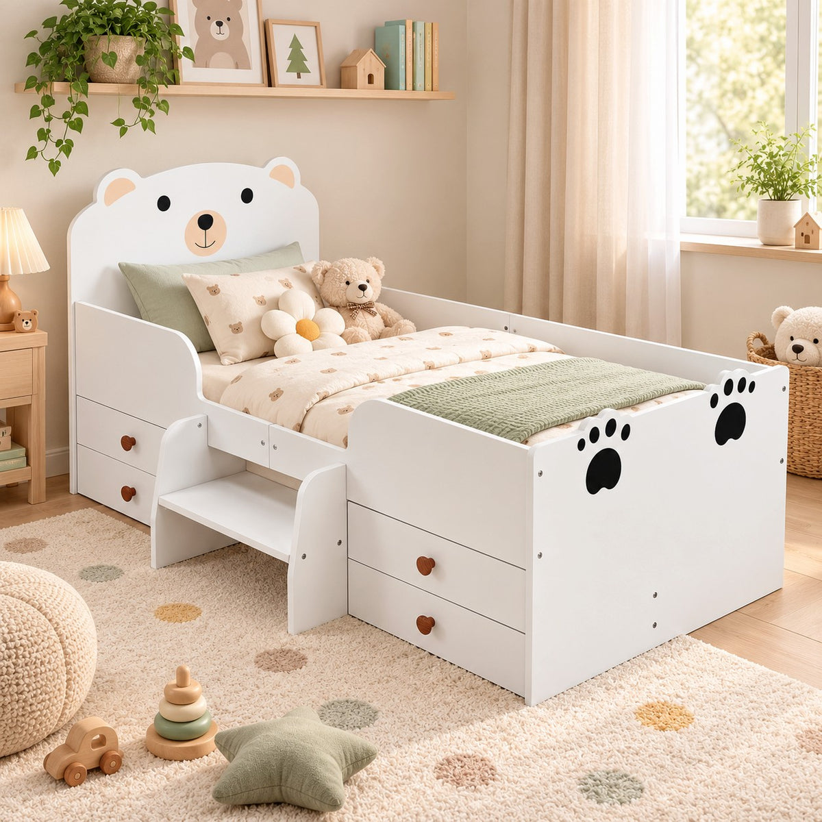 Детско Легло Мече GINGER HOME, Бяло, с Чекмеджета и Подматрачна Рамка, 90×153×74 см