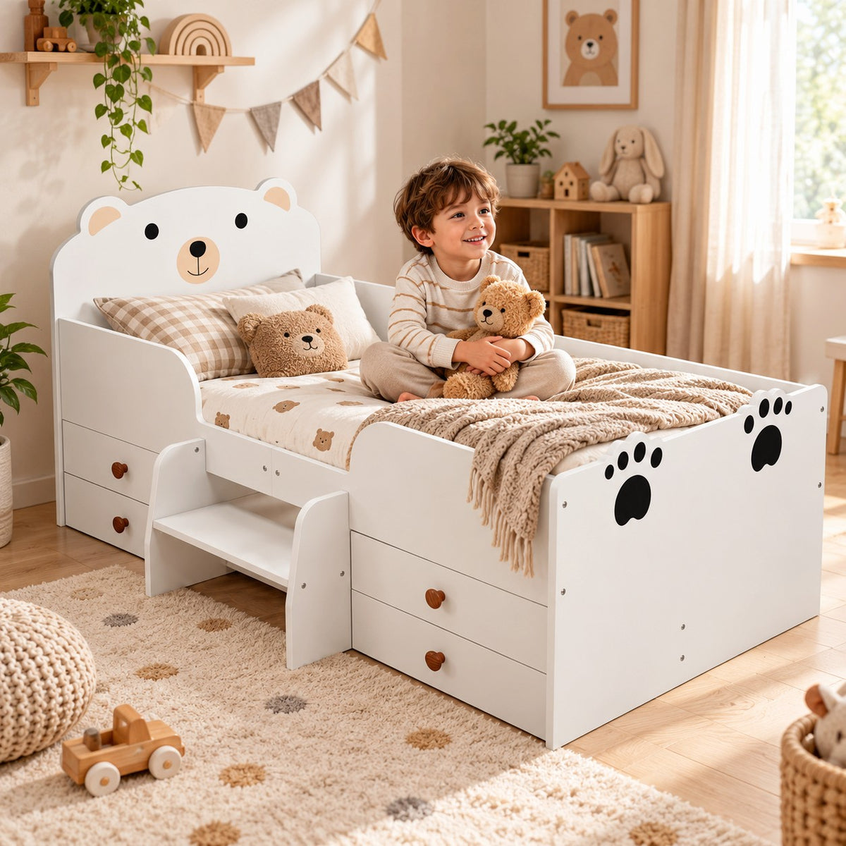 Детско Легло Мече GINGER HOME, Бяло, с Чекмеджета и Подматрачна Рамка, 90×153×74 см