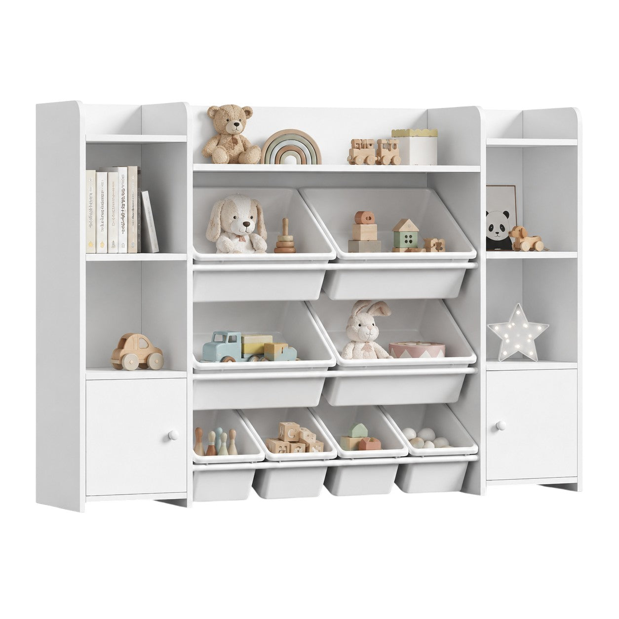 Голям Детски Органайзер GINGER HOME, Бяла Етажерка за Играчки и Книги с 8 Кутии за Съхранение и 2 Шкафа, 141.5x100x30 см