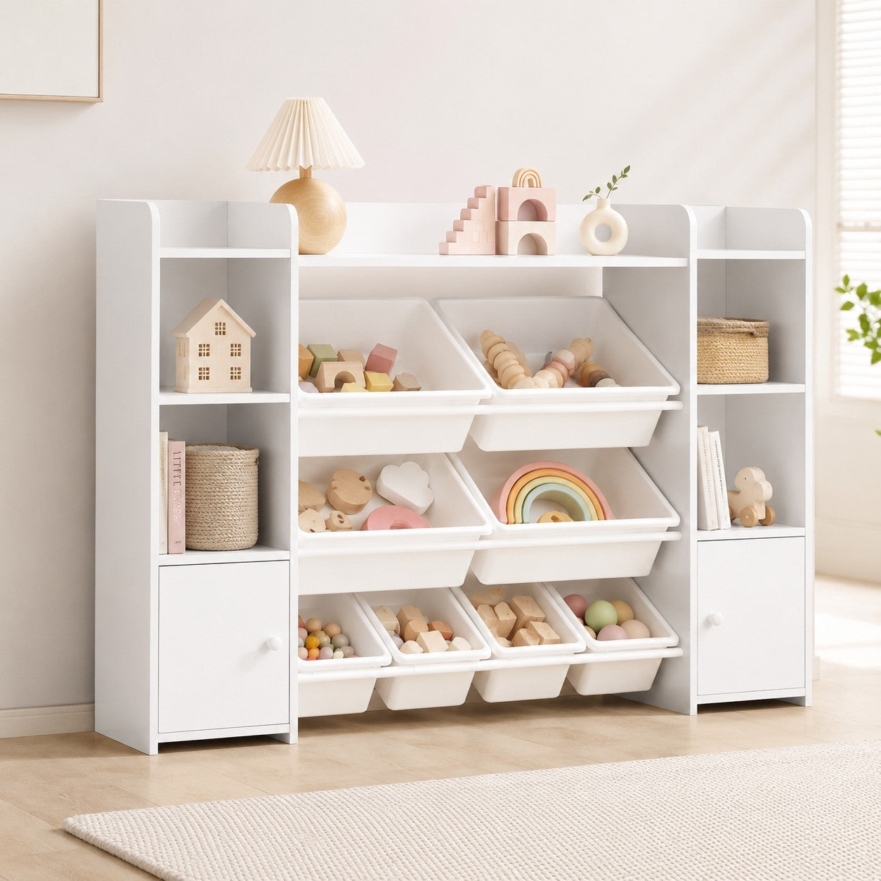 Голям Детски Органайзер GINGER HOME, Бяла Етажерка за Играчки и Книги с 8 Кутии за Съхранение и 2 Шкафа, 141.5x100x30 см