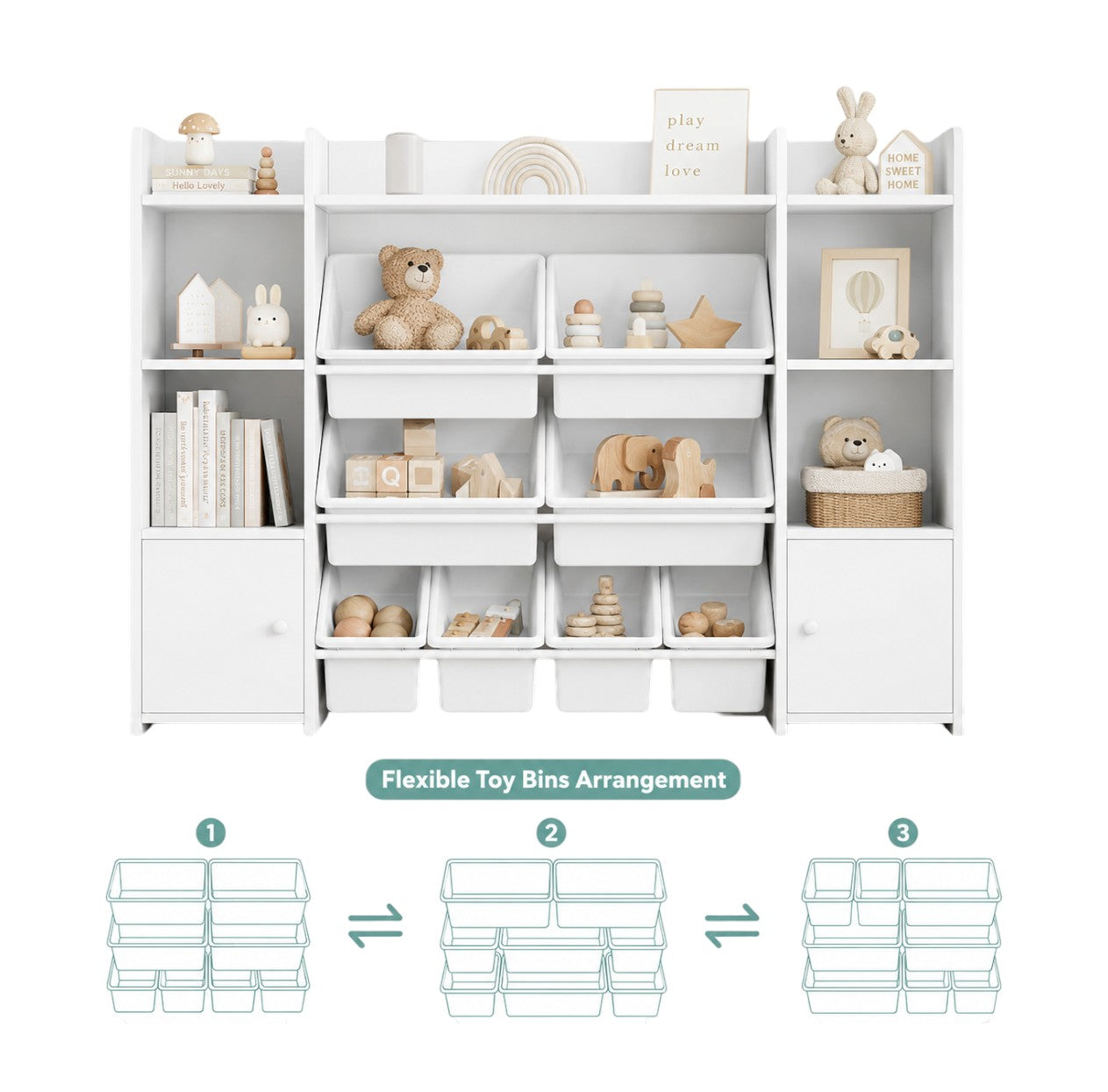 Голям Детски Органайзер GINGER HOME, Бяла Етажерка за Играчки и Книги с 8 Кутии за Съхранение и 2 Шкафа, 141.5x100x30 см