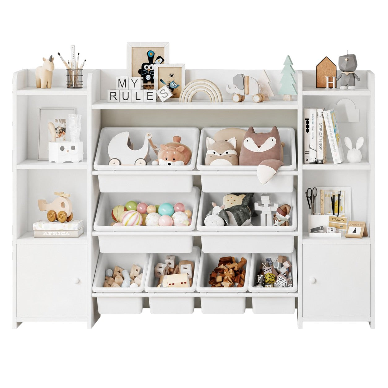 Голям Детски Органайзер GINGER HOME, Бяла Етажерка за Играчки и Книги с 8 Кутии за Съхранение и 2 Шкафа, 141.5x100x30 см